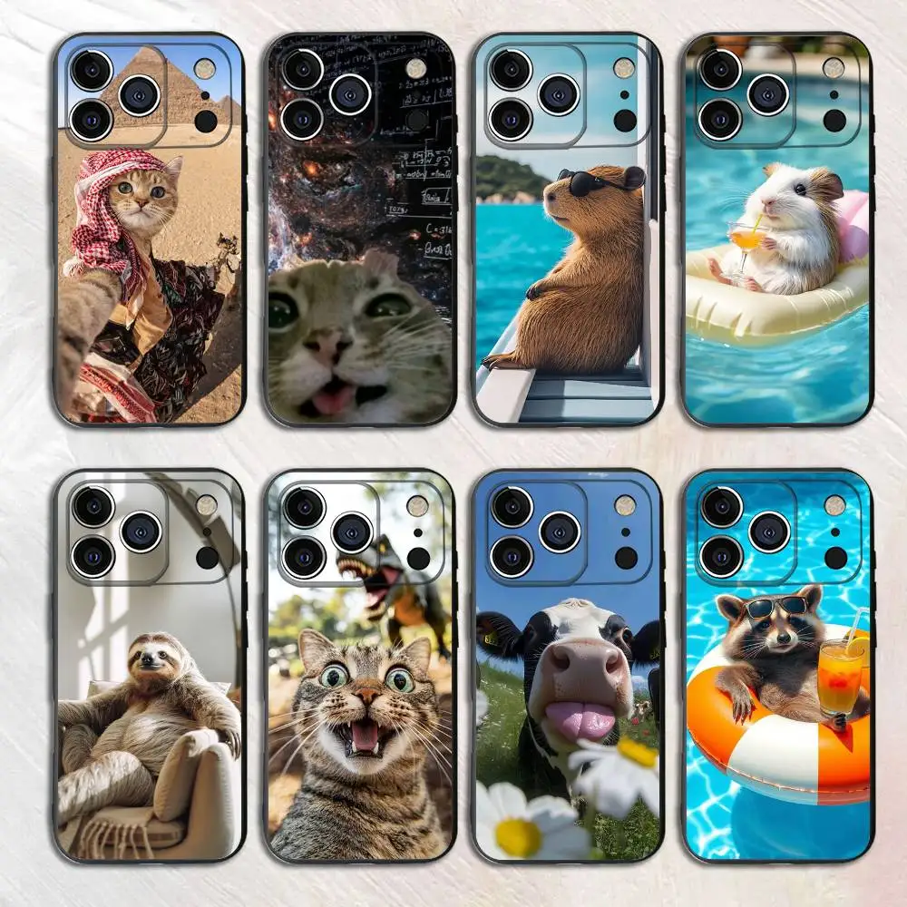 

Humorous Animals Black Phone Case For iPhone 17,16,15,14,13,12,13,12 Pro Max Plus XS XR Silicone Soft Back Cover