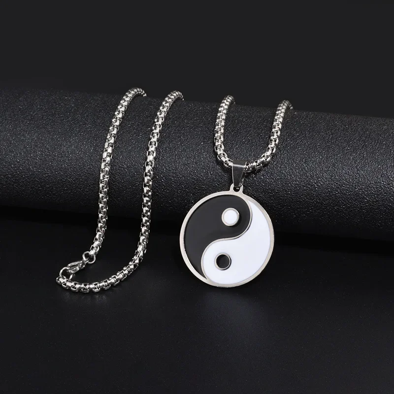 Punk Hiphop Tai Chi Yin Yang Eight Trigrams Pendant Necklaces for Women 70CM Long Chain Black White Enamel Collar Friend Gift