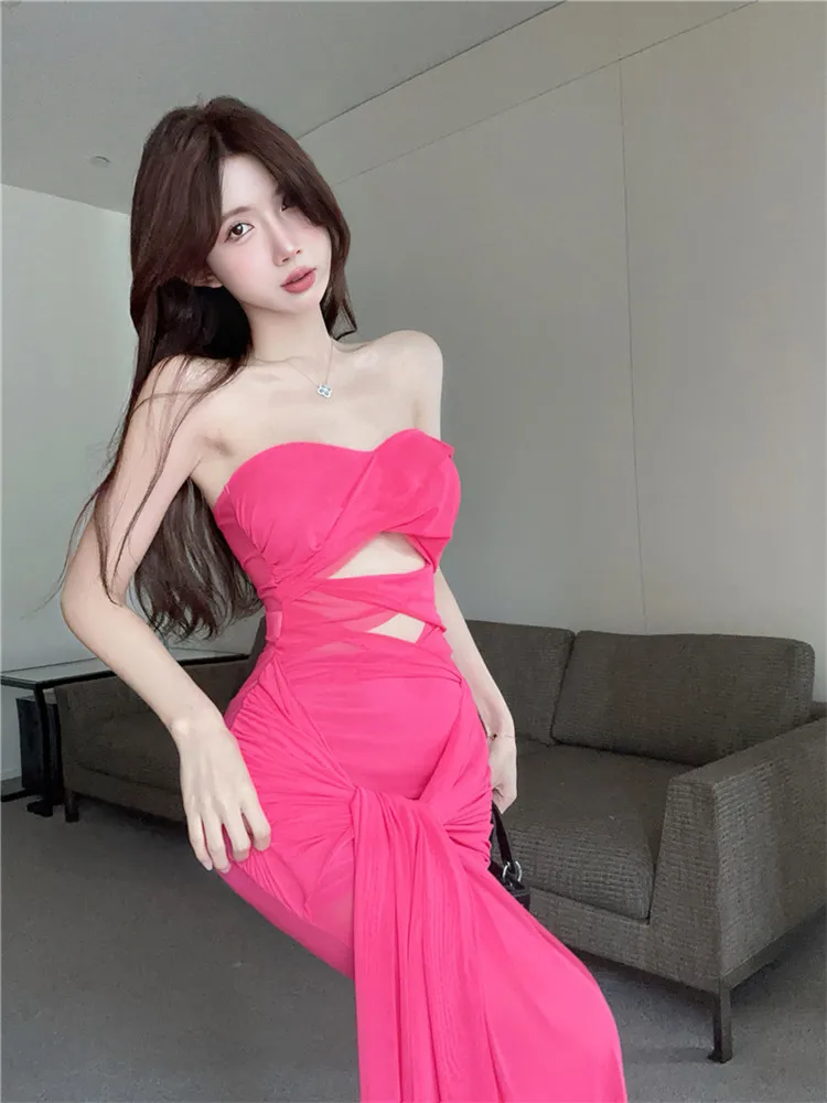 Fuchsia Rose สีชมพู Strapless ฤดูร้อนวันหยุดแฟชั่นชายหาด Sheer ชุดยาวสไตล์โบฮีเมียน Slash คอ Hollow Slim Bodycon Dress
