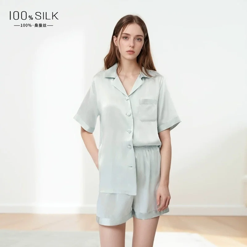 2025 Summer New Cross-border Silk Pajamas for Women - 100% Mulberry Silk Short-sleeve and Short-pants Loungewear Set that can be