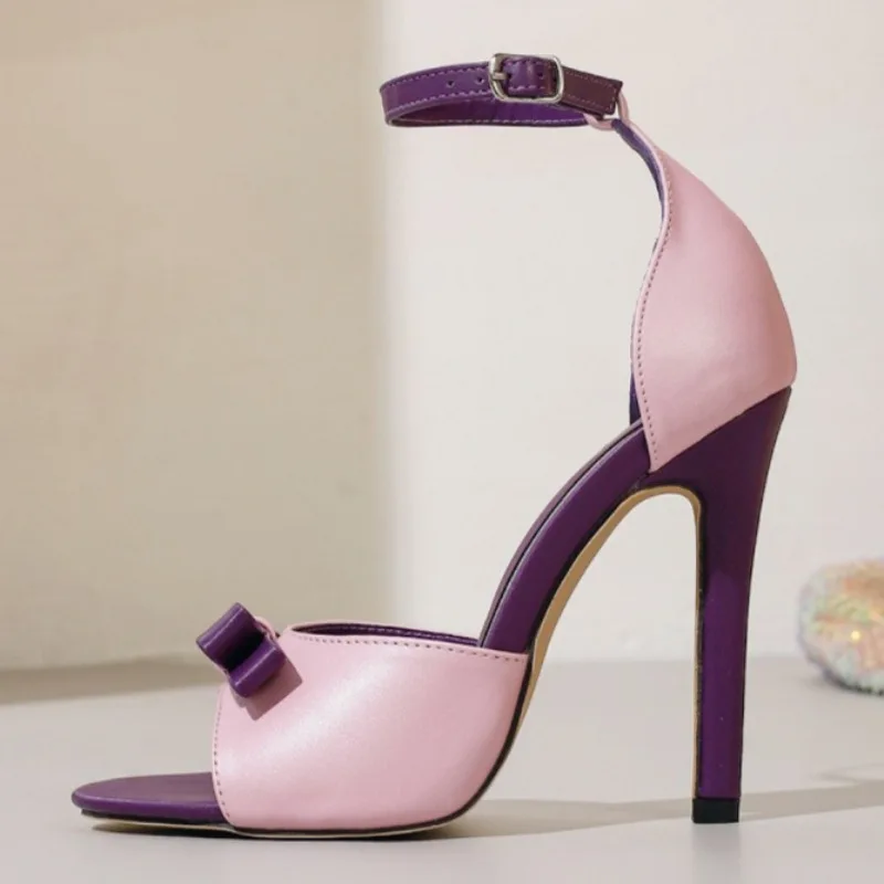 أنيقة القوس الديكور اللمحة تو عالية الكعب النساء الجدة الأرجواني والوردي المرقعة تصميم خنجر الصنادل الكاحل حزام Sandalias #4