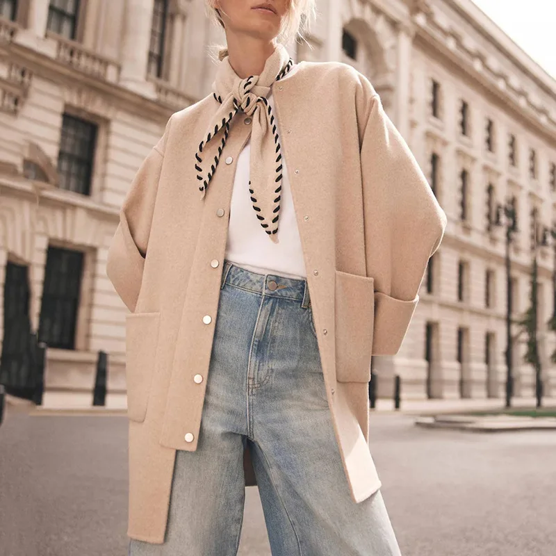 

Новое женское твидовое пальто средней длины, модное повседневное пальто большого размера, элегантный шарф на шею, одинаковая верхняя одежда для женщин