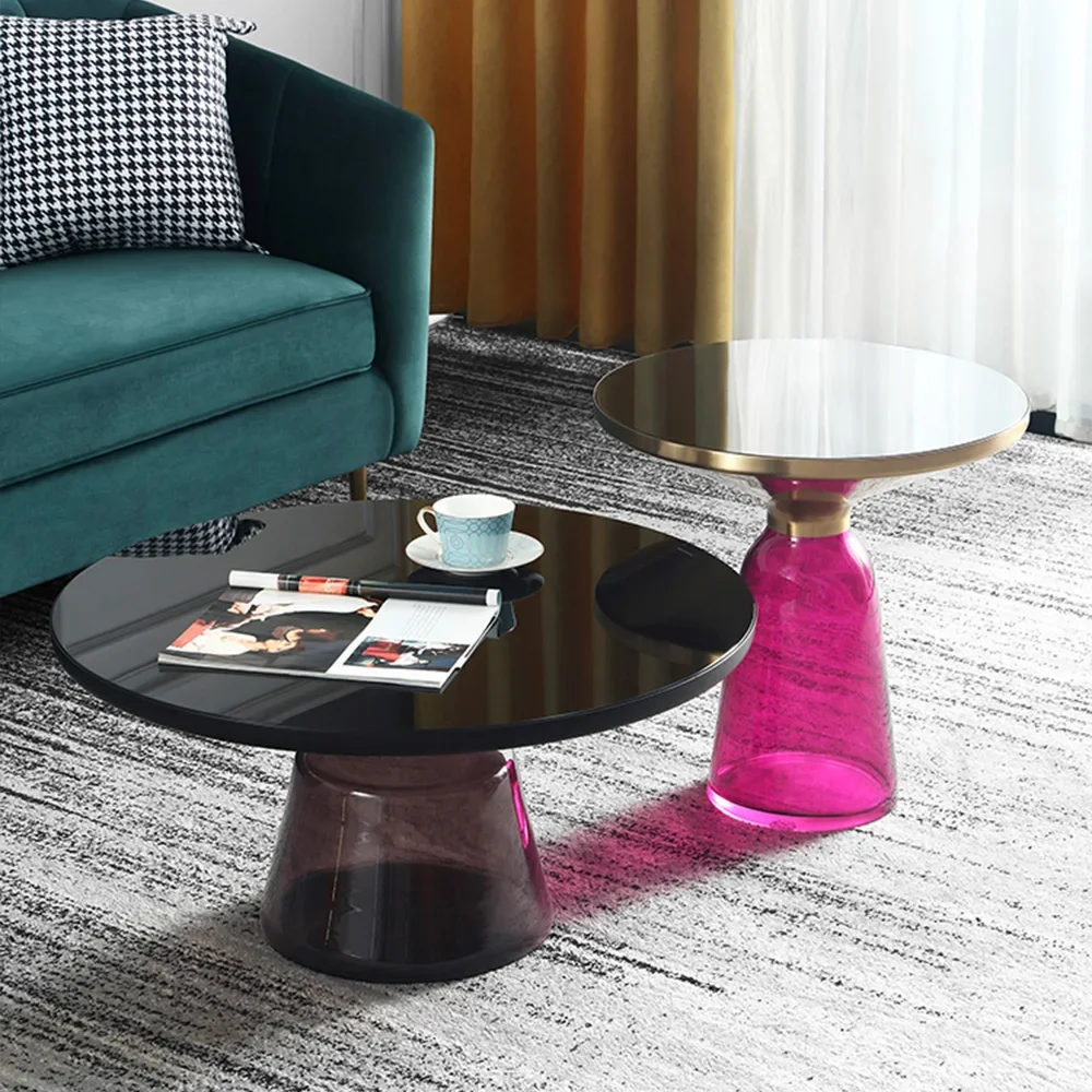 Latest Design Round Top Gold Color Side Tea Table Tempered Glass Base Art Coffee Table Set