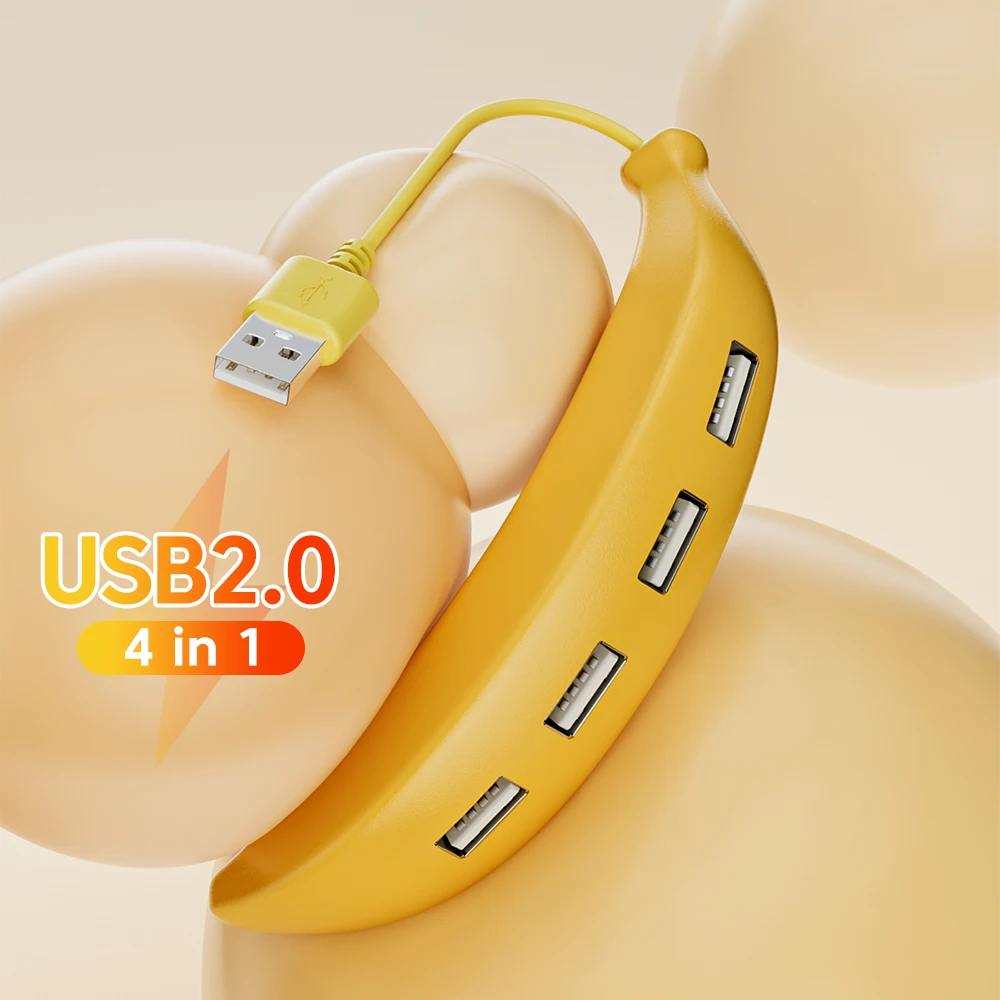 USB 2.0 Hub Multi USB Ports Splitter Hub Power Adapter 4 Port Multiple Expander USB Hub Funny Banana Shape For PC Mac Laptop