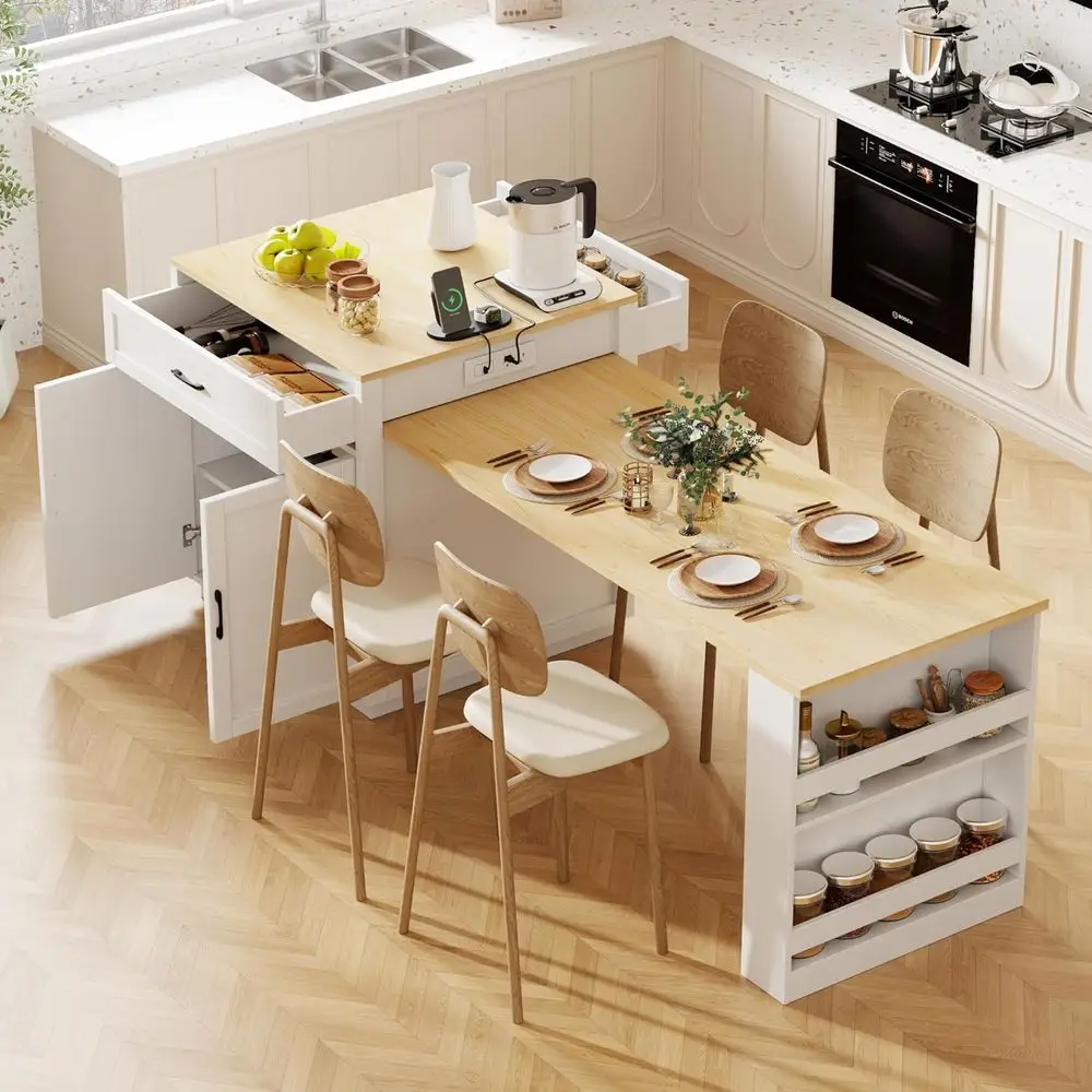 

White Oak Kitchen Island with Extendable Dining for 4-6, Storage, Charging, Drawers, and Open Shelves