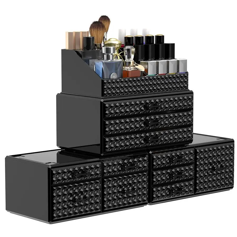 

4 Pack Stackable Makeup OrganizerUpgraded,Acrylic Cosmetics Storage Cases with 11 Drawers Perfume Organizers For Brush Holder or