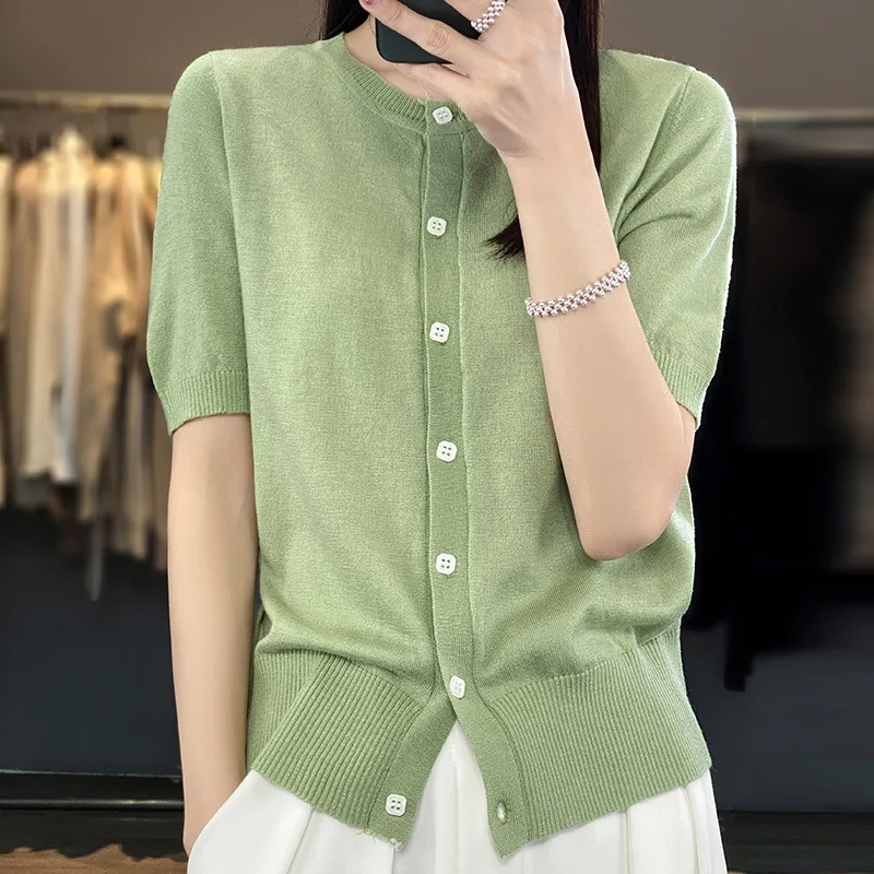 

2024 New Spring Short Sleeve O-neck Women's Summer Cardigans Wool Knitted Sweaters Lady's Soft Jumpers TR02