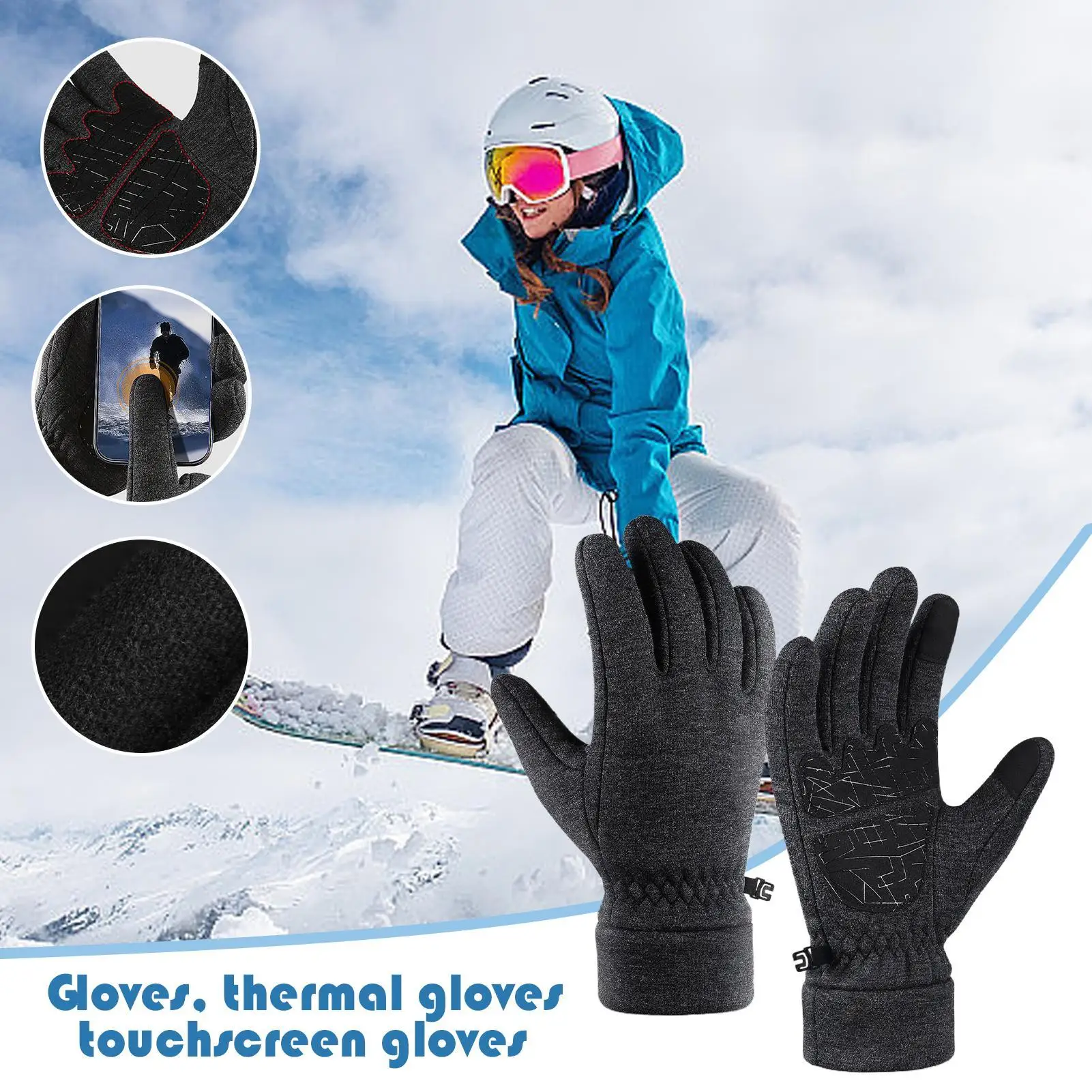 قفازات للطقس البارد مبطنة بالصوف عدم الانزلاق النخيل في الهواء الطلق شتاء دافئ لمس قفازات للرجال النساء تشغيل الدراجات القيادة #3