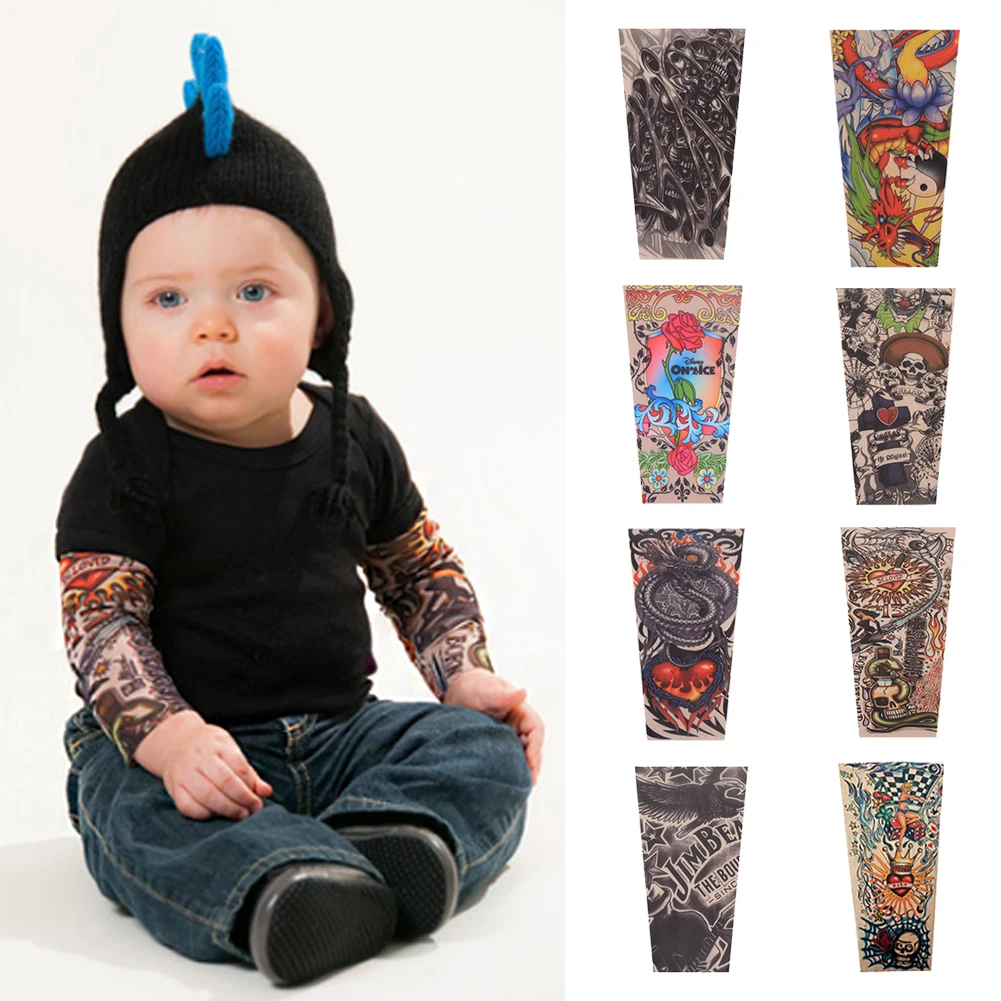 1PC Mixed Elastic Fake Temporary Tattoo Sleeve Children Cartoon Designs Cool Child Body Arm Stockings Tatoo 8 Model Warm Sleeve