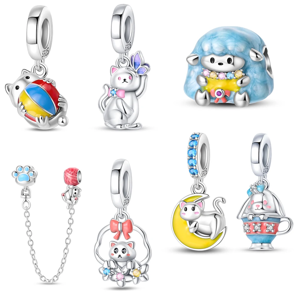 

Colorful Cat Playing Ball Safety Chain Lamb Bead Moon Pet Dangle Charm Fits Original Bracelet & Necklace Jewelry Gift
