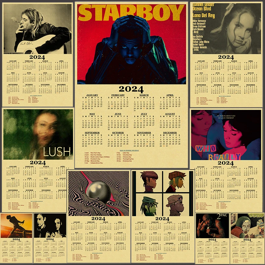 2024 Calendar Singer Poster The Weeknd/Mitski/Lana Del Rey Aesthetics Art Prints Painting Retro Home Decoration Room Wall Decor