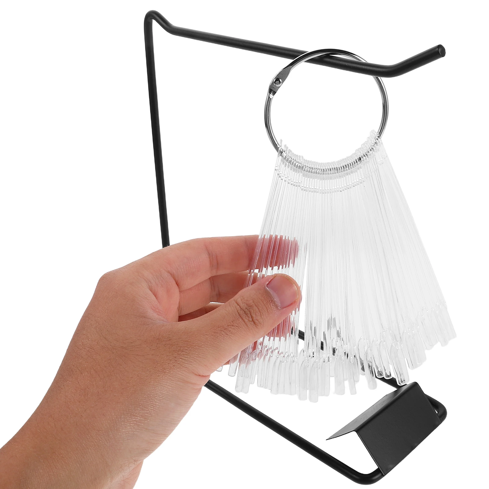 

1Set Nail Art Display Fan Sticks with Iron Stand Durable Ring Transparent Practice Tips Nail Polish Color Sample Organizer