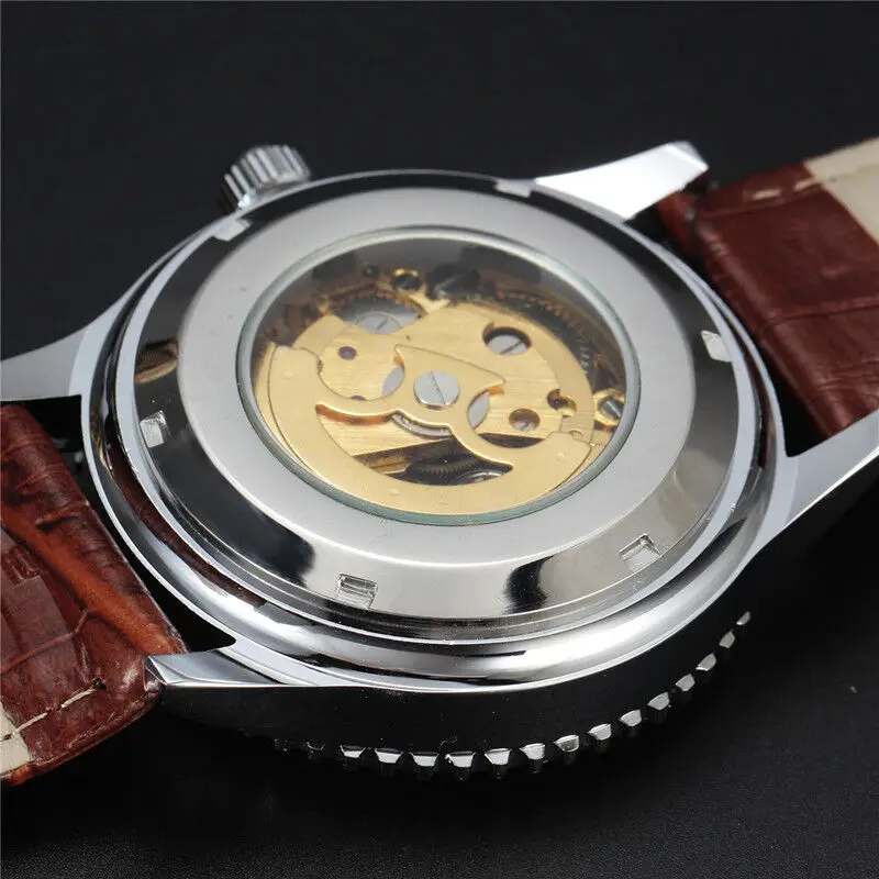 Sewor Skeleton Mechanical Automatic Self Wind Mens Fashion Gents Silver Case Watch Brown Leather Strap Analog Watch New Arrival