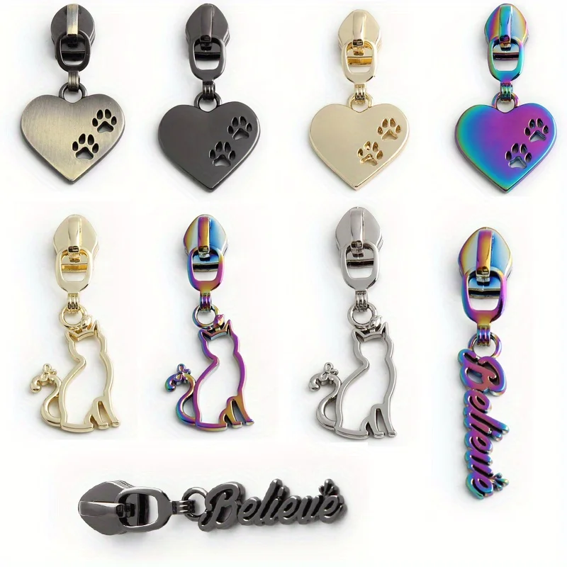 5pcs 45mm/50mm/52mm 5# nylon metal heart cat letter zipper pull heart-shaped Believe clothes shoes shoulder bag pull card