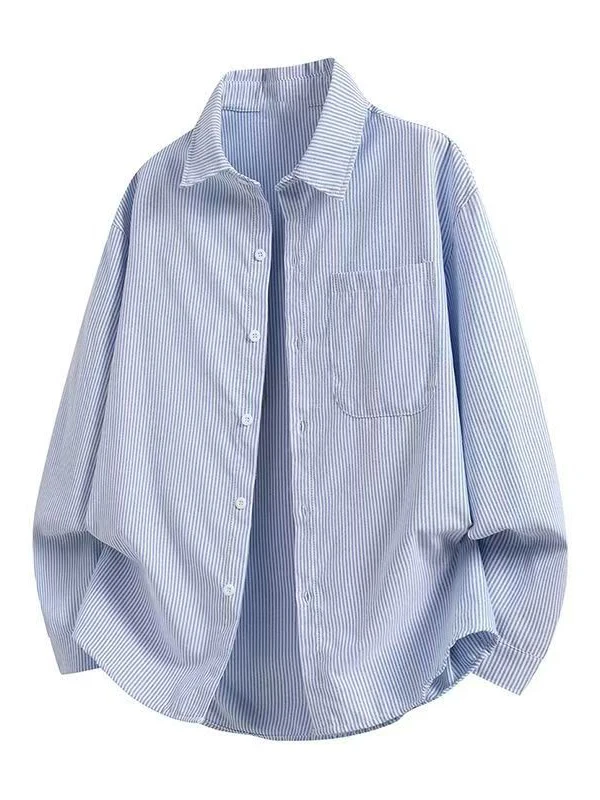 

Loose Fit Striped Cotton Shirt Women's Single Pocket Casual Style Korean Version Brand Button up Top Breathable Long Sleeve