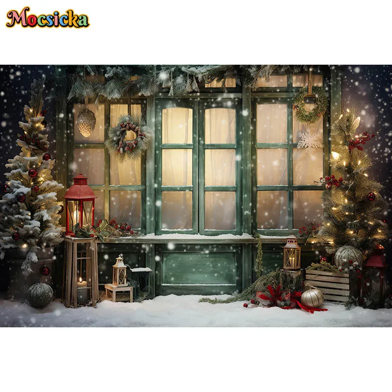 Christmas Backdrops Photography Props Xmas Green Door Outdoor  Snow Christmas Tree Wreath Decor Background Kids Portrait Studio