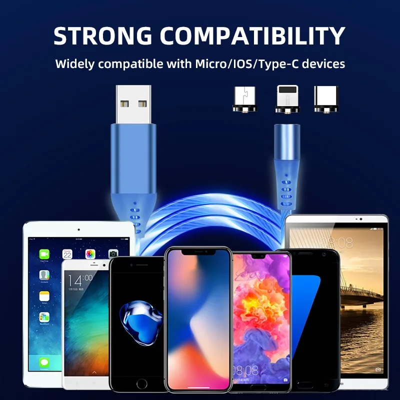 AUFU LED Magnetic Cable Micro USB Type C Magnetic Flow Luminous Charging Cable Charger Cord for iPhone Samsung Huawei Xiaomi