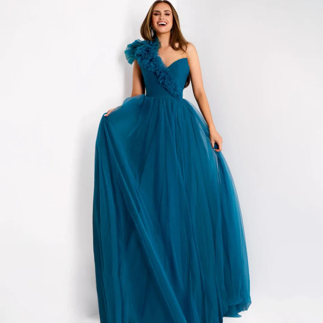 

Peacock Blue Tulle One-Shoulder Prom Dresses Ruffles Flowers Chic Pleat Backless Anniversary Gown High Slit Formal Evening Dress