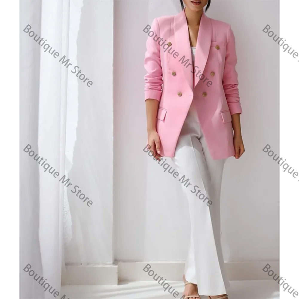 Fresh Pink Double Breasted Blazer Women Pants Suit 2 Pieces Jacket and White Trousers Custom Made Set Formal Evening Party Dress