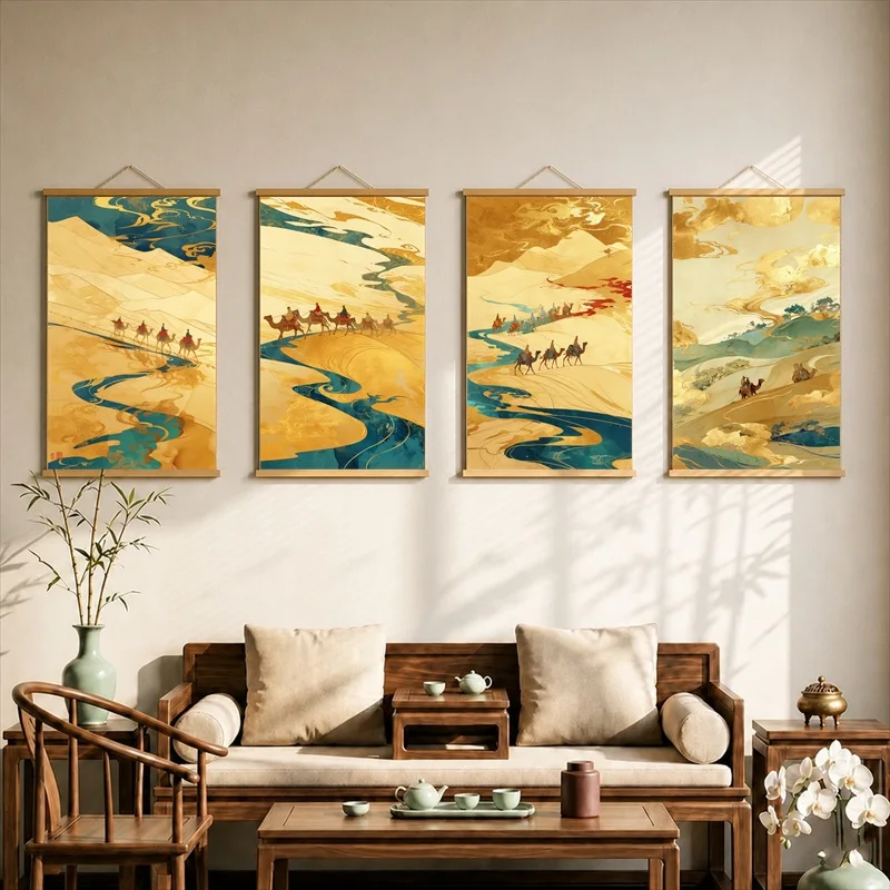 Wall Art Silk Road Caravans through Golden Desert Valleys, Oriental Travel Pearlescent Canvas Hanging Scroll for Boutique Hotel