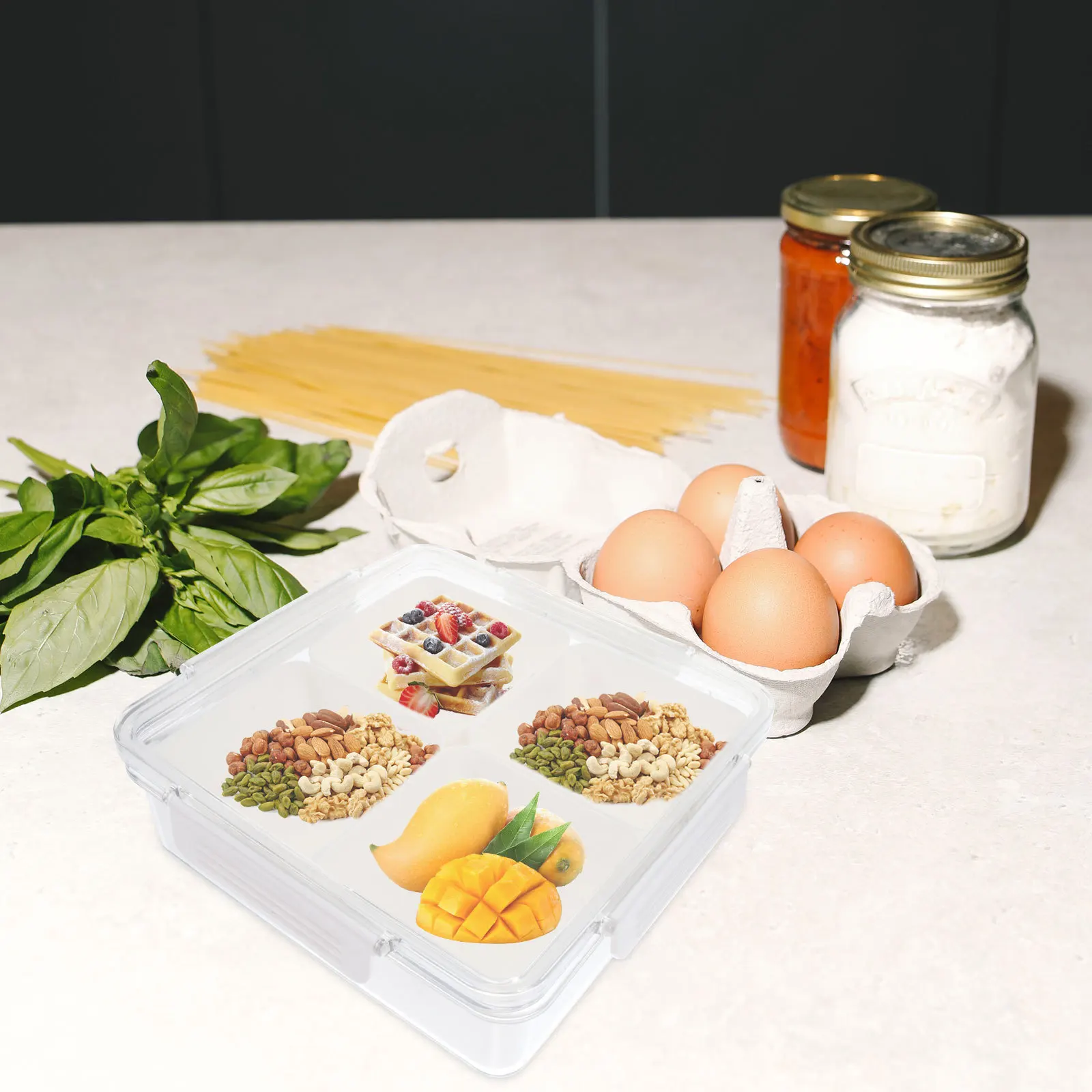 

Multipurpose Dry Fruit Box Divided Transparent Snack Storage Container with Lid Compartment Organizer for Household Snacks