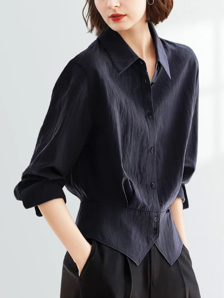 

Женская блузка с длинным рукавом и воротником, приталенная, для повседневной носки, весна-осень, модная, в стиле кэжуал