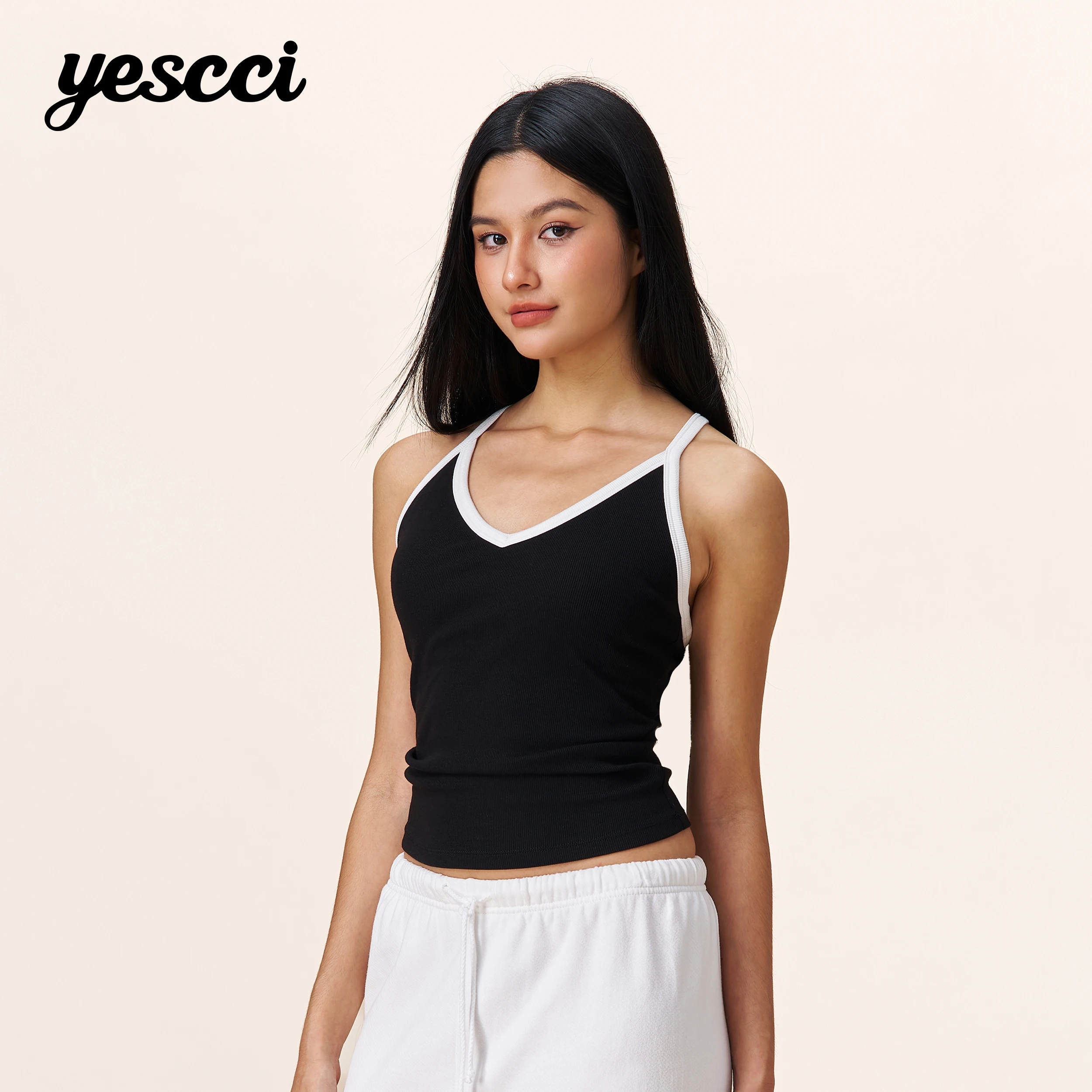 YESCCI V-Neck Women's Tank Top 2026 Summer New Built-in Bra Pads Slim Fit Cami Casual Multicolor Sleeveless Top Women S56127007