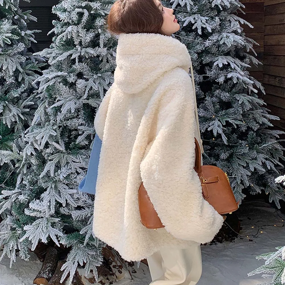 سميكة أفخم منتصف طول الفراء سترة المرأة فضفاضة تناسب صوف الضأن معطف مقنع الشتاء نمط جديد ملابس خارجية الموضة #4