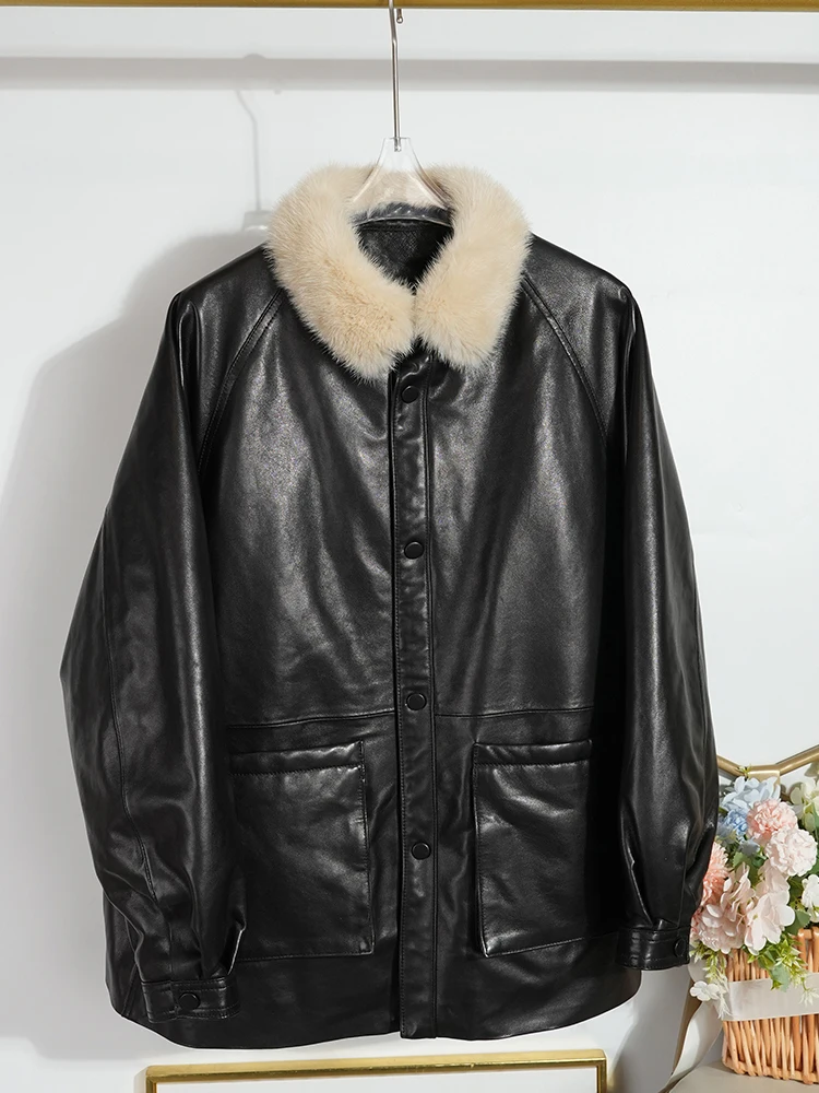 

Women's Mid-Length Goose down Jacket Coat Real Leather Fur Collar Plant-Tanned Sheepskin Warm Thick Long Sleeve Coat