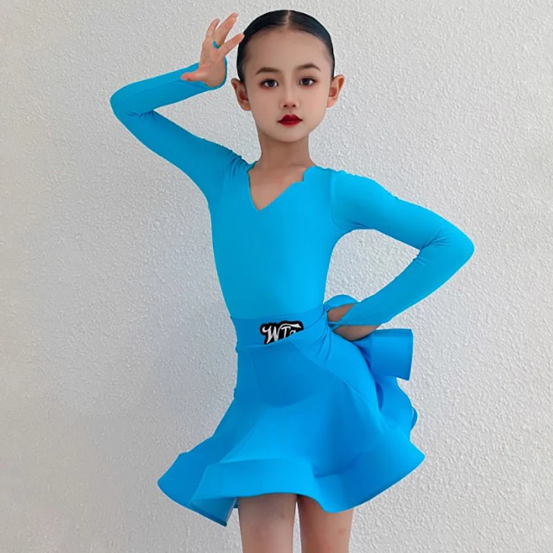 

Kids Girls Latin Dance Triangle Collar Long Sleeve Bodysuit and Fishbone Large Skirt Set Art Exam Performance Class Dancewear