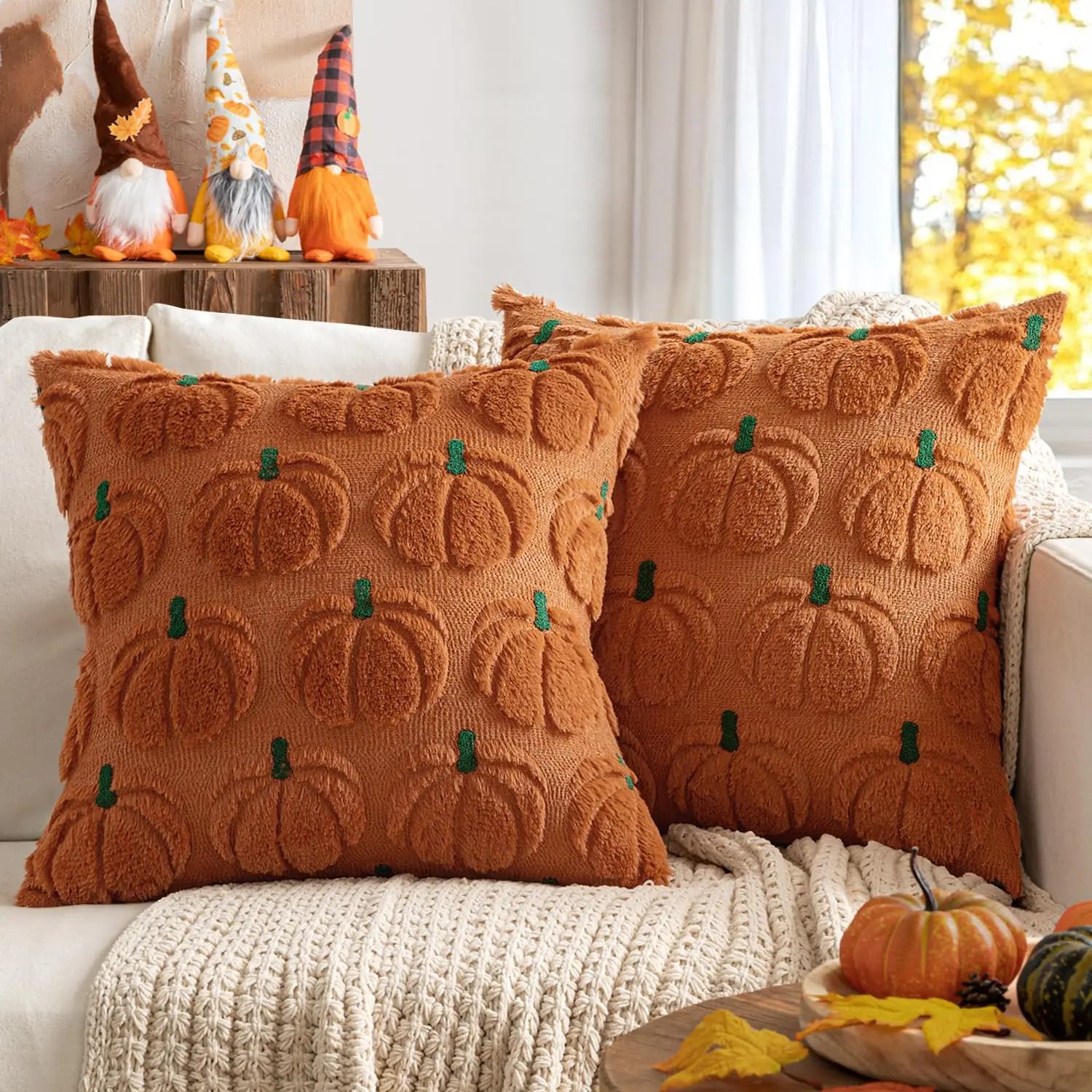 Fall Pumpkin Pillow Covers Fall Decor Dark Rust Green Stem 18x18 Decorative Autumn Harvest,Fall Decorations for Home