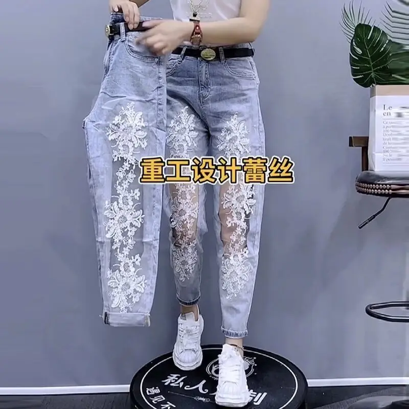 2024 Summer New Casual Women Jeans High Waist Elastic Lace Hollow Out Baggy Femme Jeans Pants Female Denim Jeans Pencil Pants