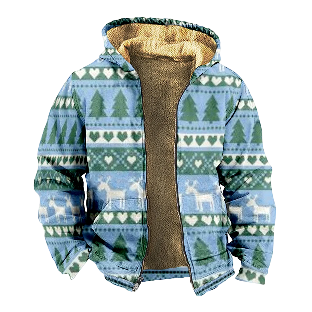 Winterjassen voor heren, casual kerstrendier blauw patroon katoenen kleding overjas waterdicht vintage feest