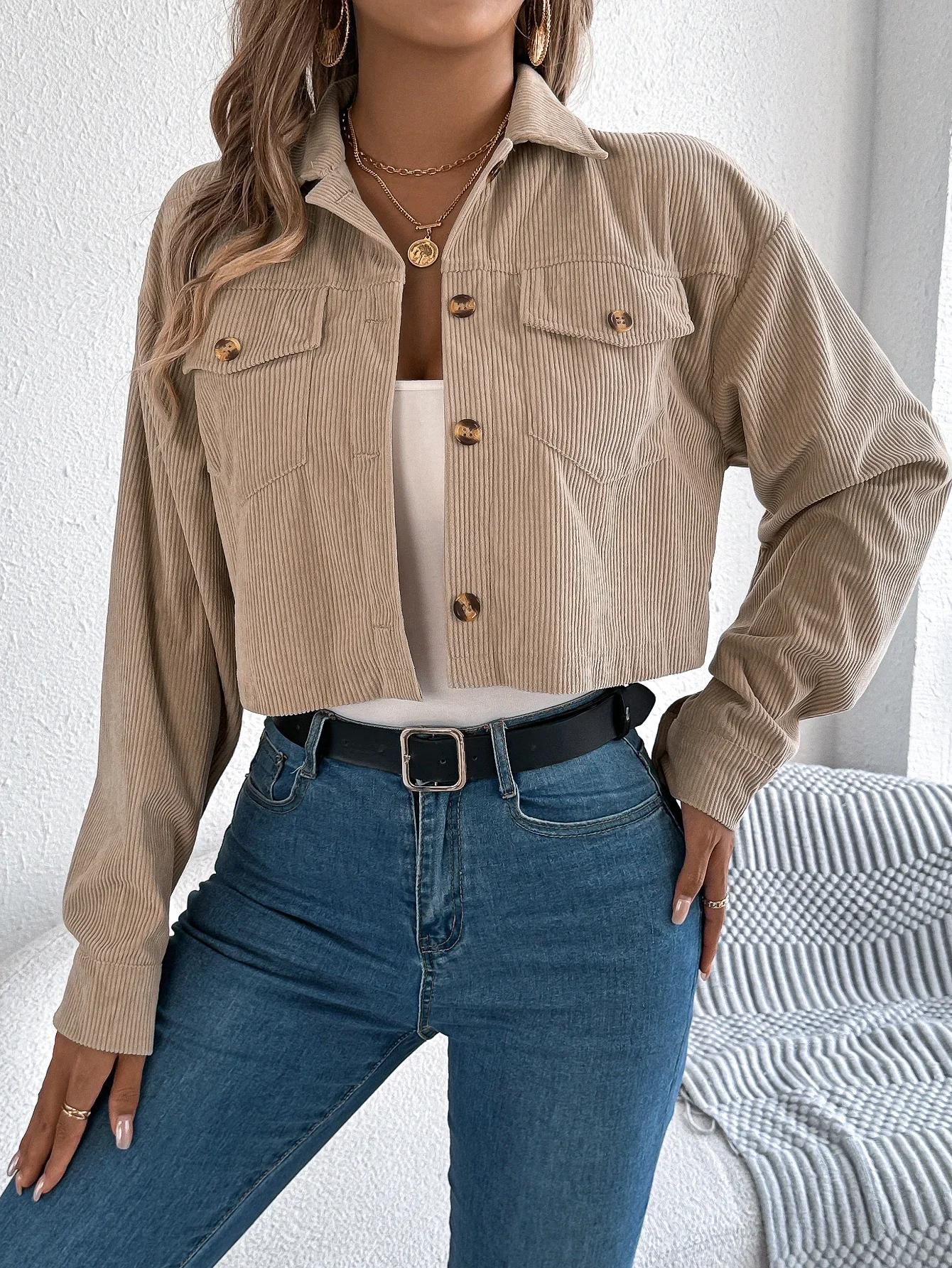 

2025 Casual Autumn Winter Crop Jacket Woman Pocket Single Breasted Long Sleeve Lapel Black Pink Khaki Short Corduroy Coats