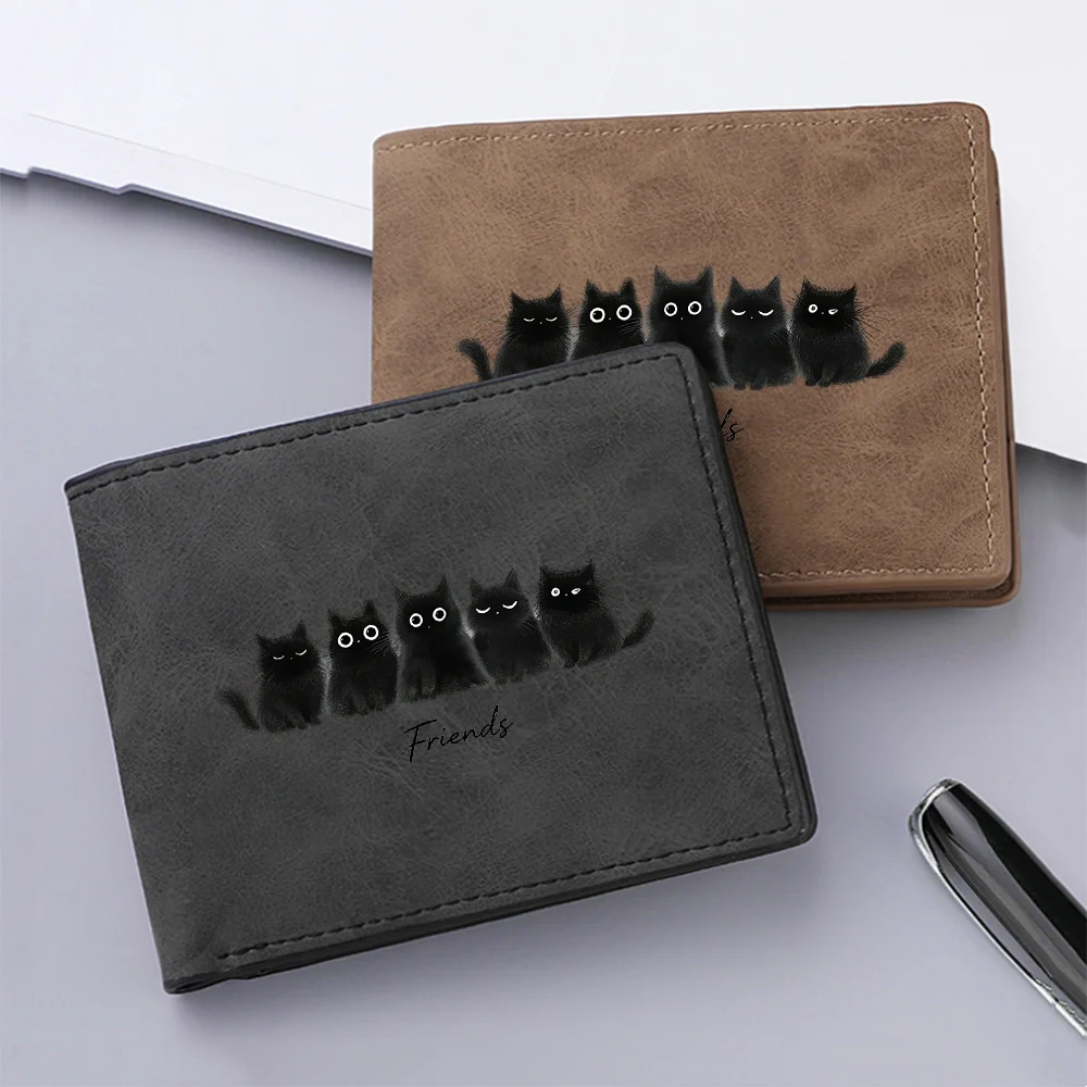 Men's Cute Fluffy Black Cat-Theme Print Wallet Short Style Double Layers Card Holder Casual Slim Design Coin Pocket