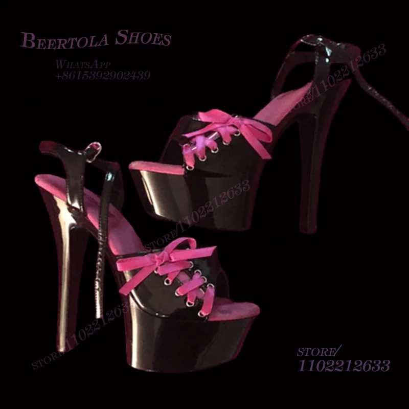 Black Patent Leather Platform Lace-Up Sandals Girls Open Heels Rose Red Lace-Up Hollow 20Cm Sexy Shiny Pole Dance Fuchsia Shoes