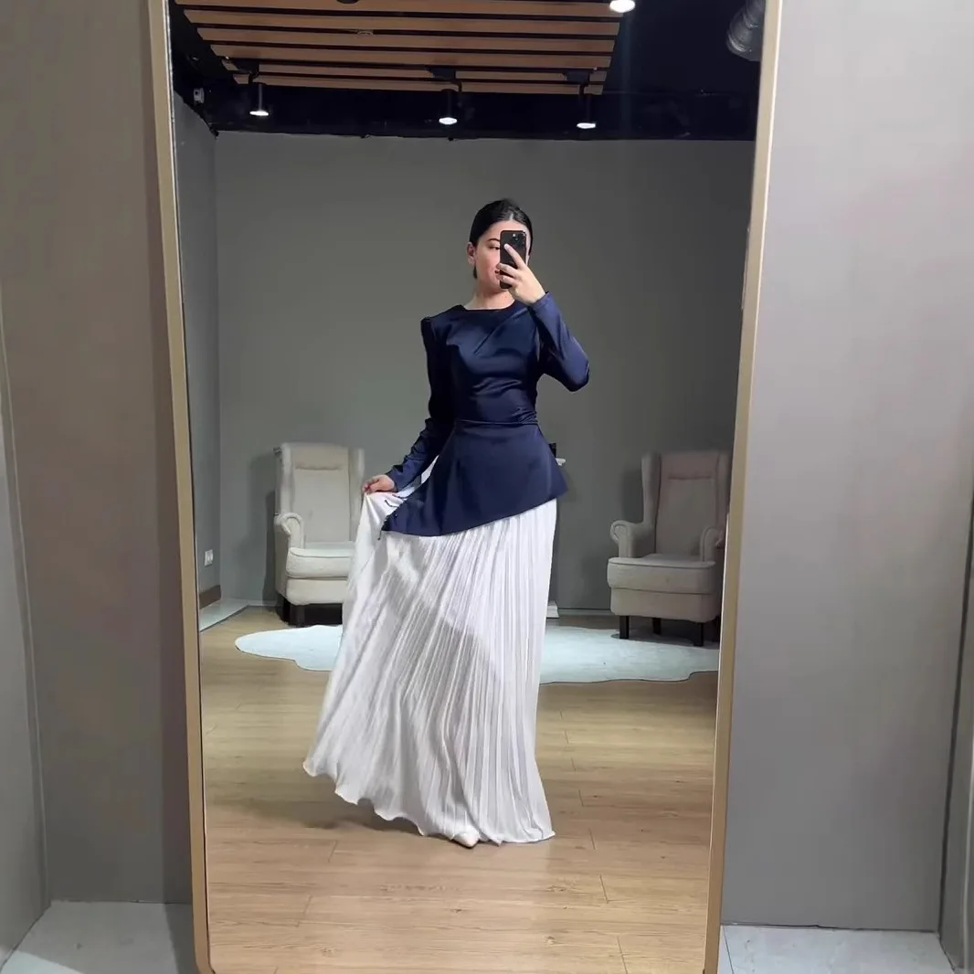 Women's New Elegant Round Neck Waist Cinched Colorblock Patchwork Flare Maxi Slimming Versatile Design Niche Mature Daily Dress