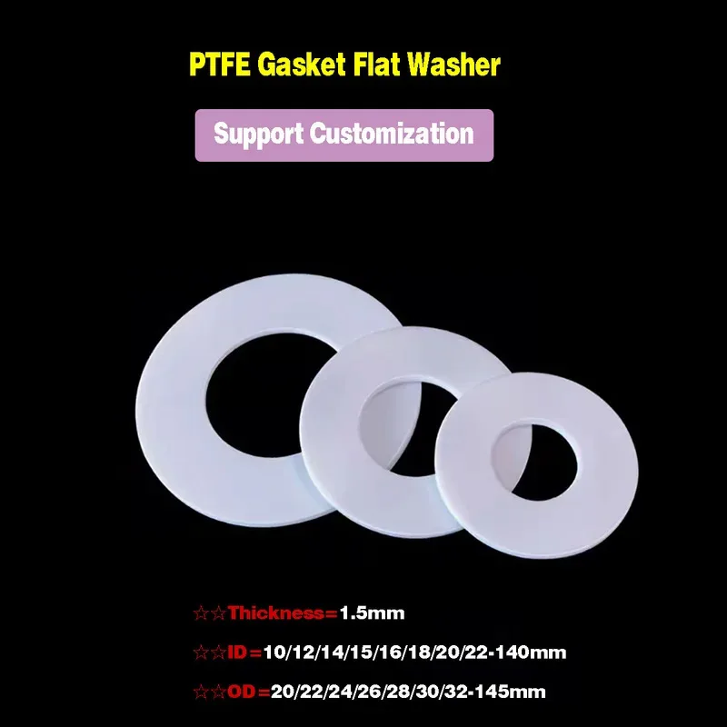 

Teflon Pressure Gauge Gasket 1.5mm Thick PTFE Seal Washer Chemical Resistant ID 10-140mm