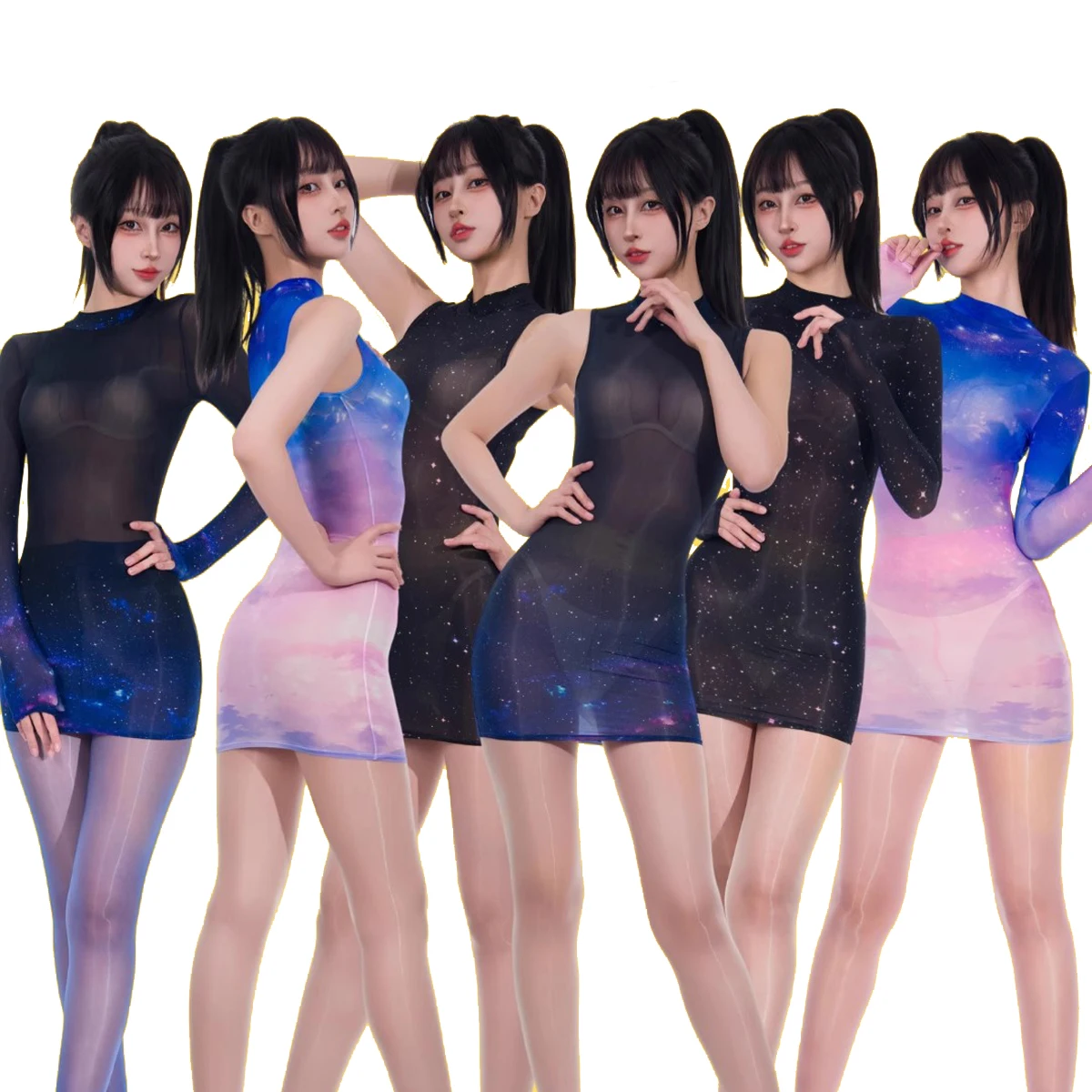 المرأة مثير 10D ستار سكاي طباعة دنة انظر من خلال تمتد كم طويل أو أكمام عالية الرقبة Hipwrap فستان خطوة واحدة تنورة قصيرة