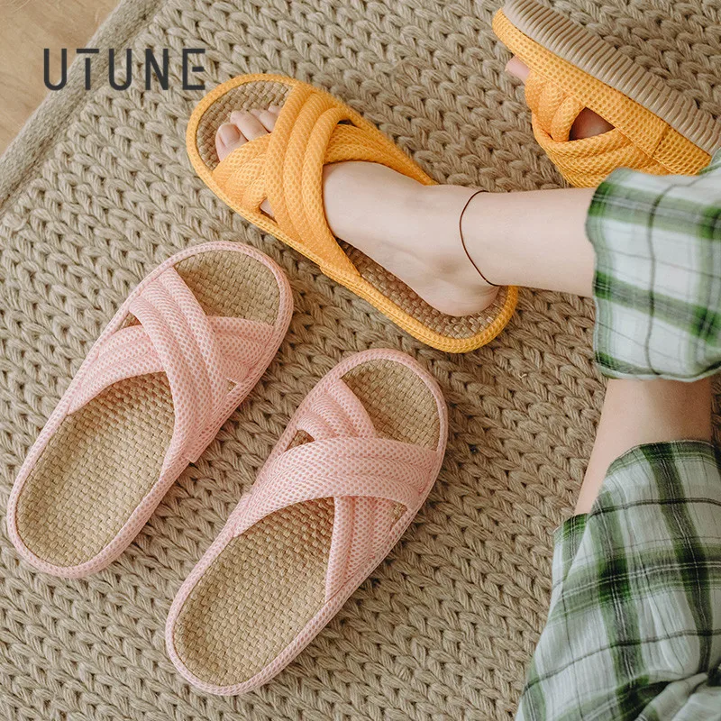 UTUNE Summer Linen Mesh Slippers Women Soft Sole Cross-tied Outside Beach Slides Sandals Ladies Female Home Shoes Platform Flats