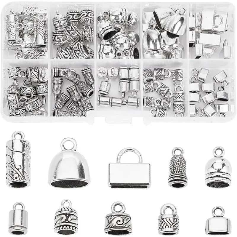 100 sztuk zaślepek do sznurka 10 stylów aluminiowych skórzanych zaślepek klej w beczce zaślepki antyczne srebrne rurki zaciskane koraliki zaślepki