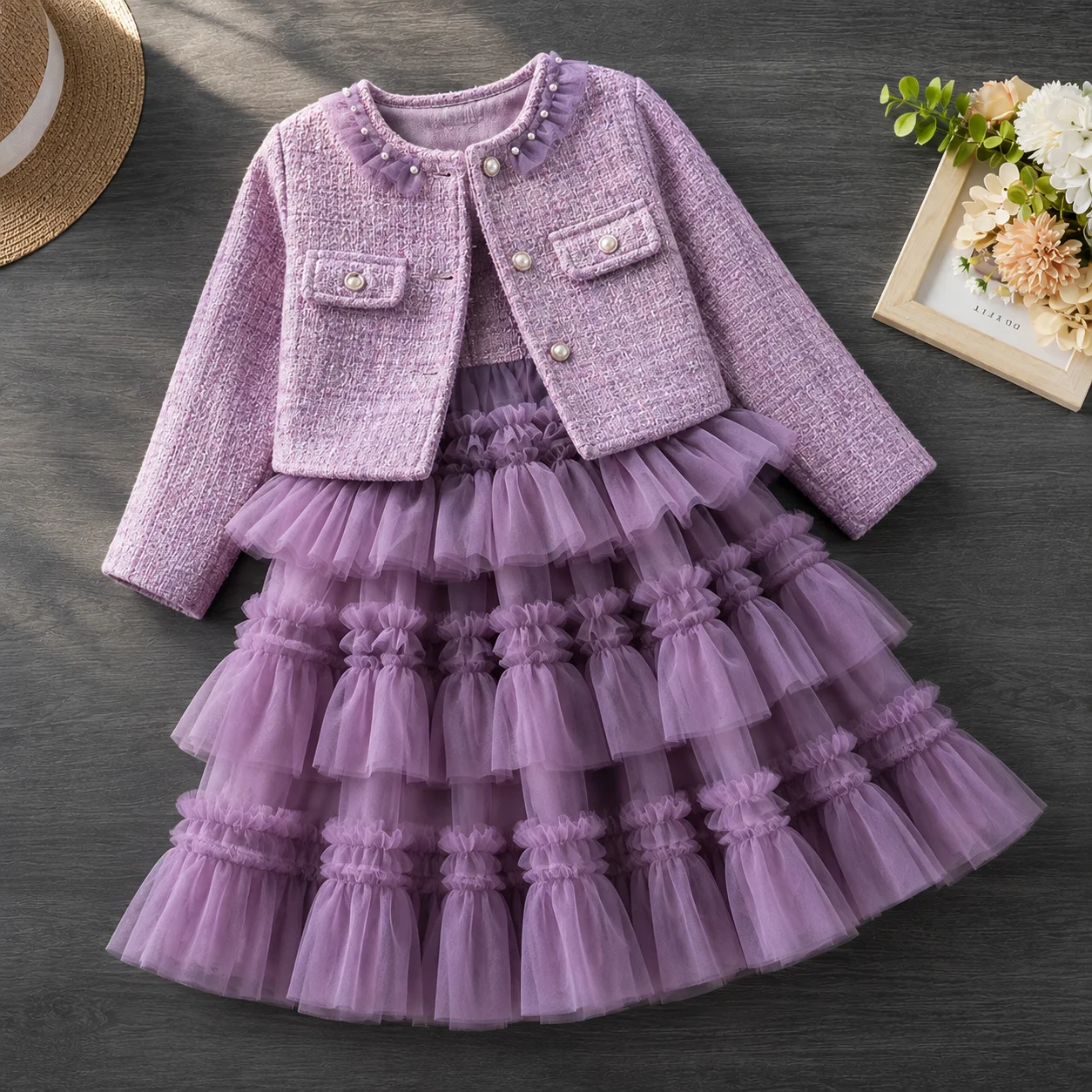 Dress Sets For Girls Purple Princess Party Outfits Long Sleeve Jacket Sleeveless Tiered Tulle Gown Ruffle 2 Piece 6 To 12 Years