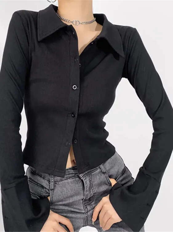 Mature Autumn New Light Polo Collar Single Breated Flared Sleeve Shirt Women Cinching Waist Solid Slim Casual Top AUHB