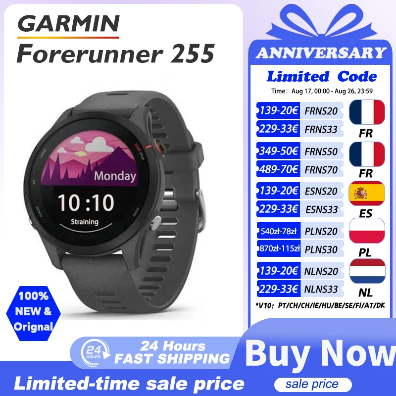 Garmin Forerunner 255 Garmin-Uhr Sport-Smartwatch 46 mm 1,3'' Farbdisplay 14 Tage Akkulaufzeit 4 GB RAM NFC Bluetooth WLAN 5ATM wasserdicht