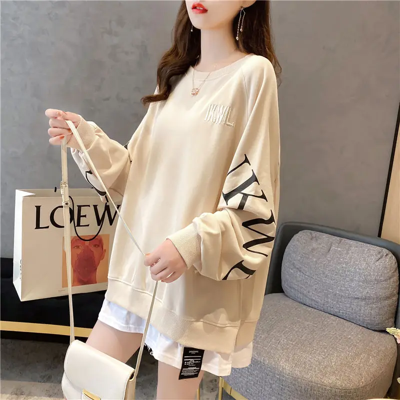 Korean Fake Two Piece Loose Hoodies Long Sleeve O-neck Print Letter Patchwork Trend Pullovers Tops Fashion Casual Women Clothing