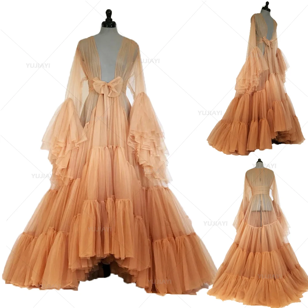 

Puffy Tulle Robe Perspective Sheer Long Bridal Sleepwear Dressing Gowns Fluffy Maternity Dress Photoshoot Evening Party Gowns