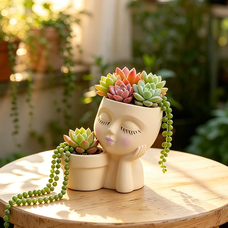Maceta de Resina con Diseño de Chica con Ojos Cerrados, Contenedor Doble con Forma de Rostro de Dama para Cactus y Plantas Colgantes, Decoración para el Hogar y Escritorio