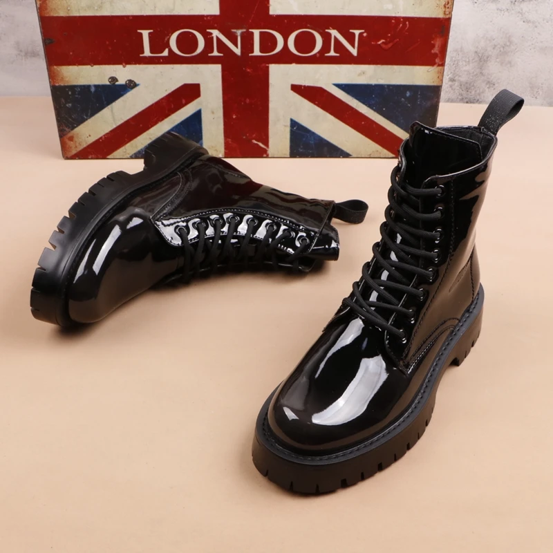 England style men fashion patent leather boots black trendy platform shoes party nightclub high boot long motorcycle botas mans