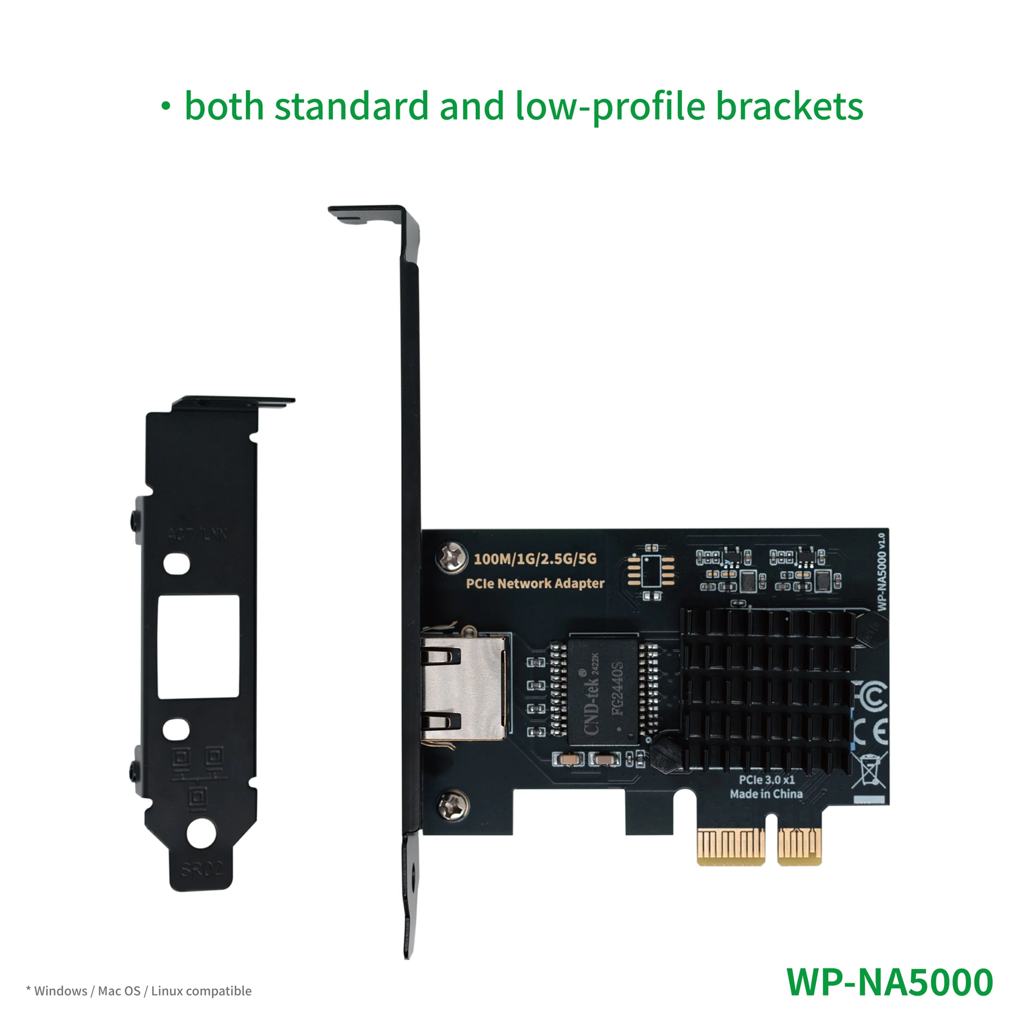 WisdPi PCIe 3,0x1 для 5G bE адаптер (WP-NA5000) Realtek RTL8126 проводное подключение к локальной сети, 2.5G, 1G, 100 Мбит/с