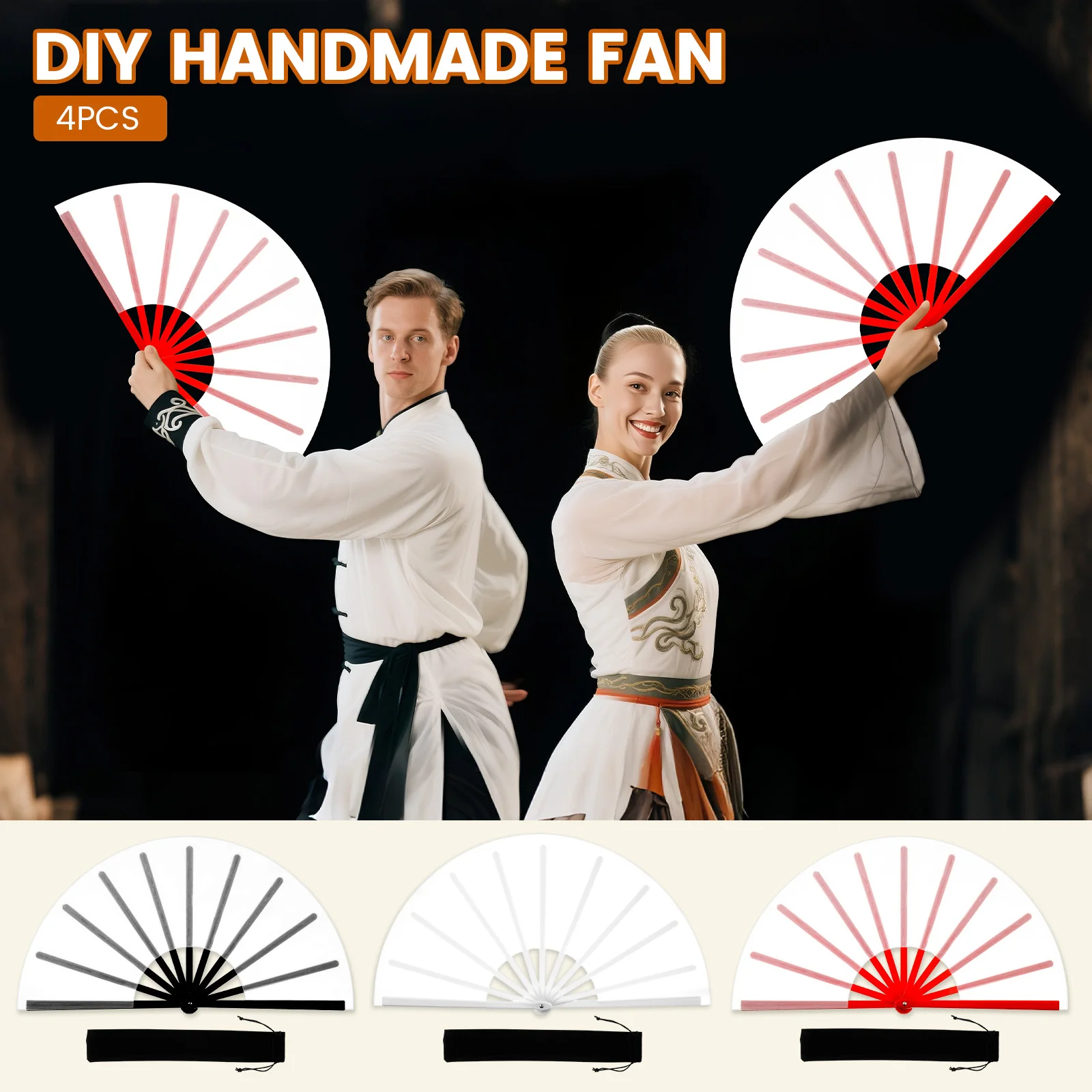 

4Pcs Oxford Cloth Fan with Storage Bag 10 Inch Handmade DIY Chinese Kung Fu Tai Chi Folding Fan for Dancing Wedding Festival
